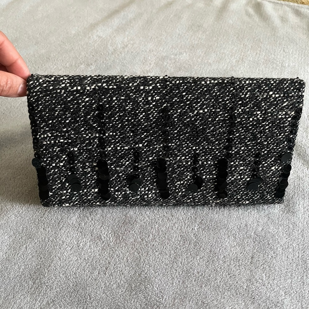 Lafayette 148 New York Tweed Sequins Clutch Black and White